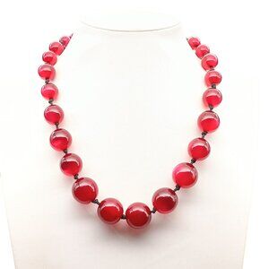 Vintage Red Moonglow Lucite Beaded Necklace on Black Knotted Strand